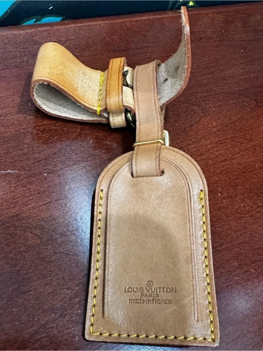 Louis Vuitton Tan Leather Luggage Tag with Yellow Stitching
